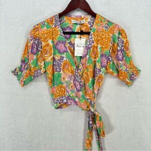 Faithfull The Brand Blouse Womens Small Floral Cropped Wrap Smocked Puff Sleeve